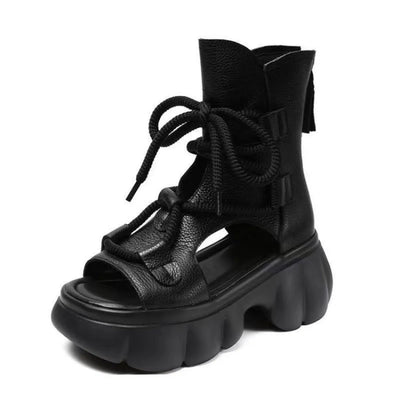 Trendsi black leather lace up ankle boot with sculpted sole women's chunky platform sandals