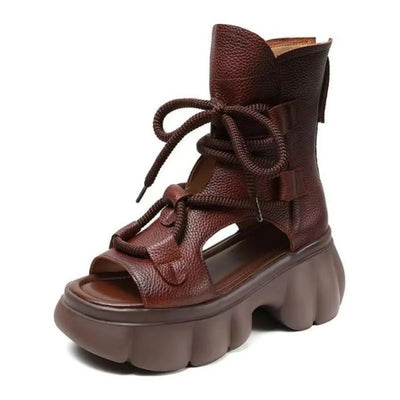 Trendsi brown leather lace up open toe women's chunky platform sandals with high ankle design