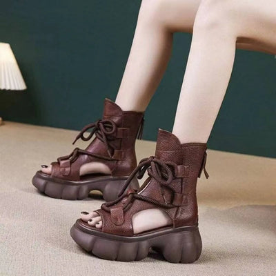 Trendsi brown lace up women's chunky platform sandals open toe ankle boot with bubble sole