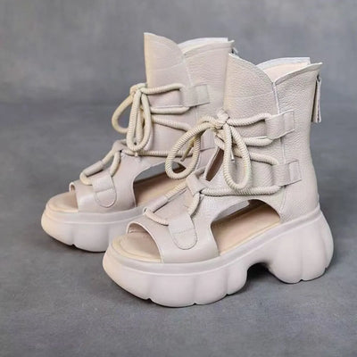 Trendsi beige lace up ankle boot with zipper and rope laces on chunky platform sole women's chunky platform sandals