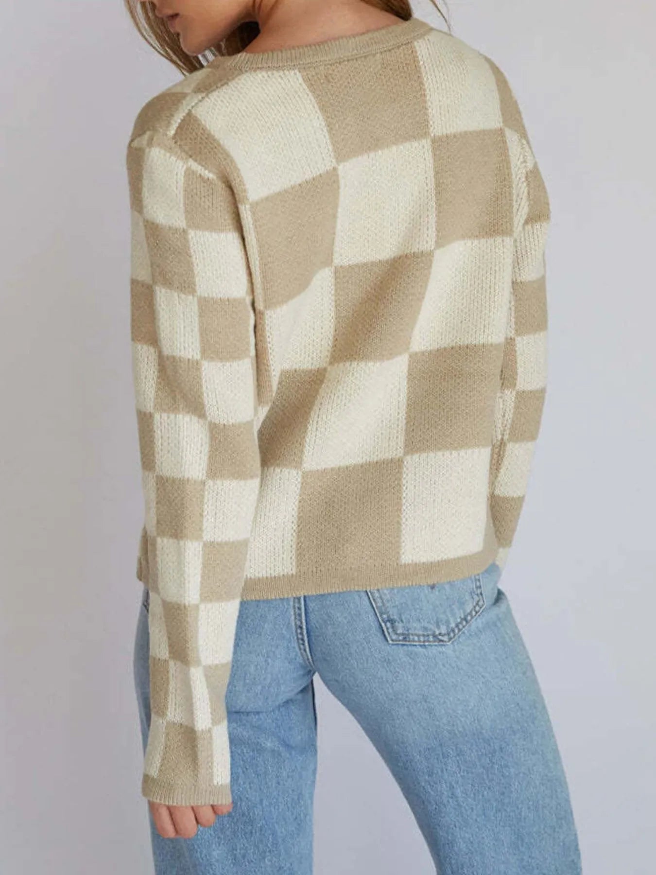 Trendsi beige and cream checkered knit Tie-Front Cropped Cardigan back view worn with light wash jeans