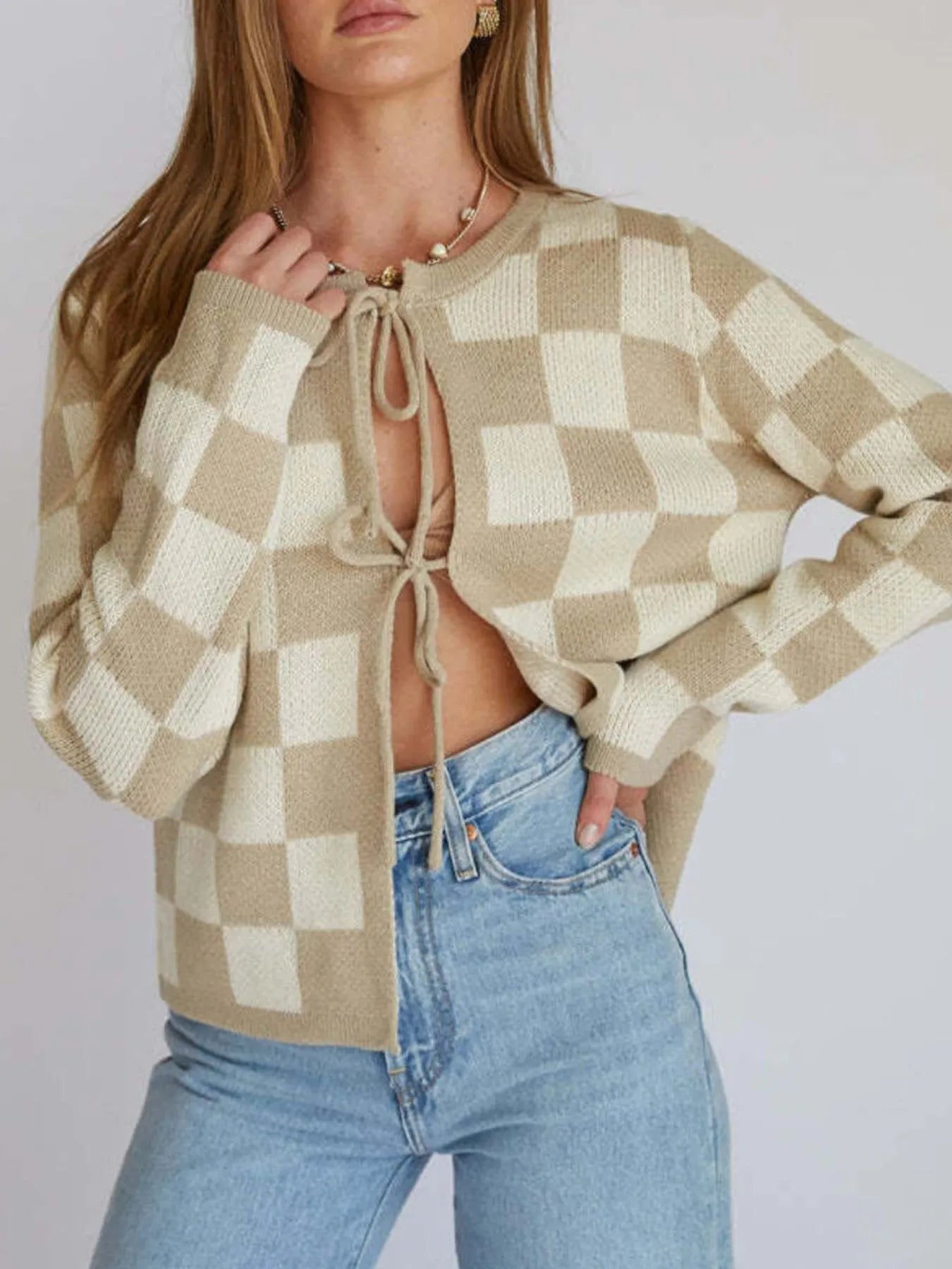 Tie-Front Cropped Cardigan Trendsi beige and cream checkered knit cropped sweater with tie closures