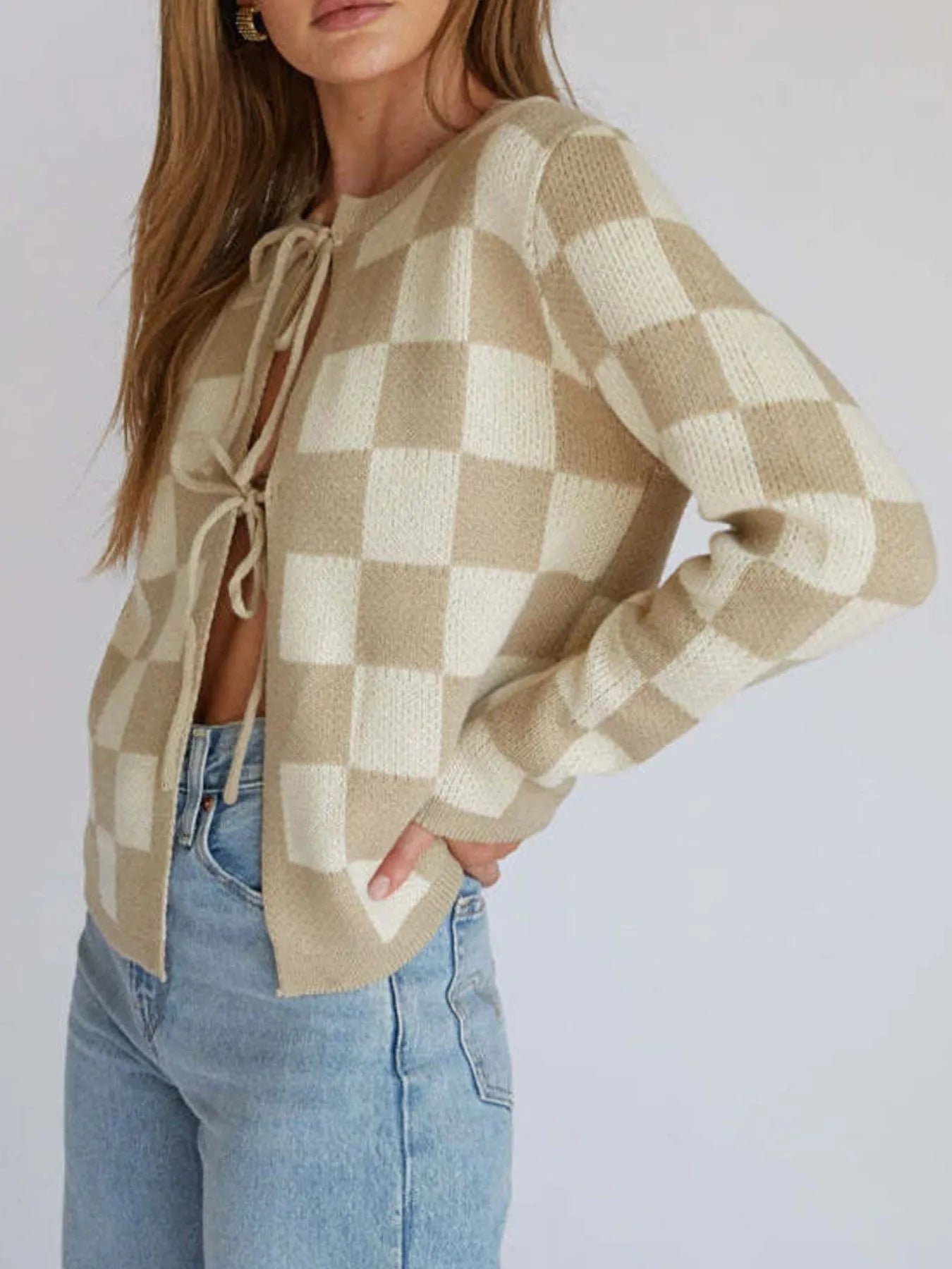 Trendsi Tie-Front Cropped Cardigan beige cream checkered knit sweater with front ties long sleeves paired with light wash jeans