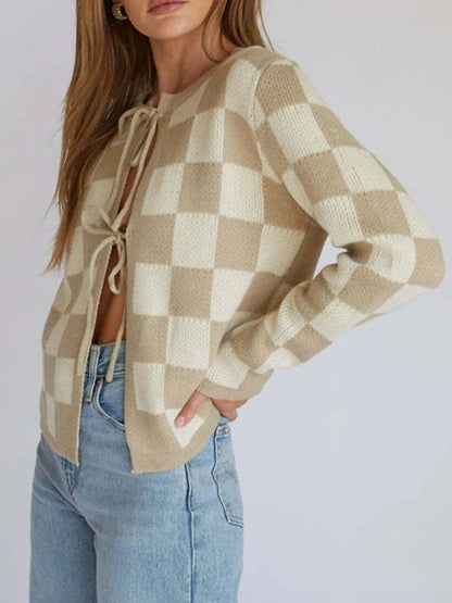 Trendsi Tie-Front Cropped Cardigan beige cream checkered knit sweater with front ties long sleeves paired with light wash jeans