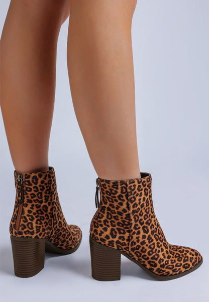 Rag Company Lunara Leopard Print ankle boots with block heels and side zipper closure