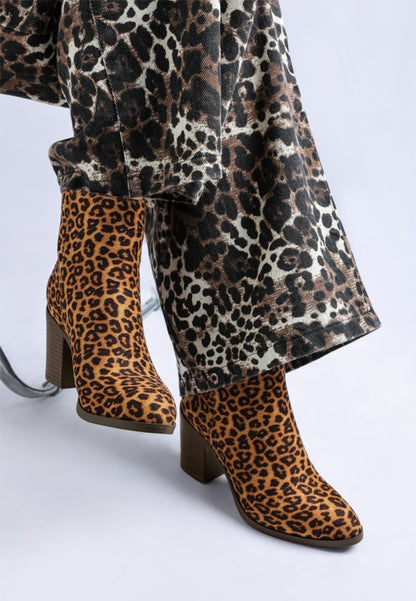 Lunara Leopard Print ankle boots by Rag Company with block heels and bold animal pattern