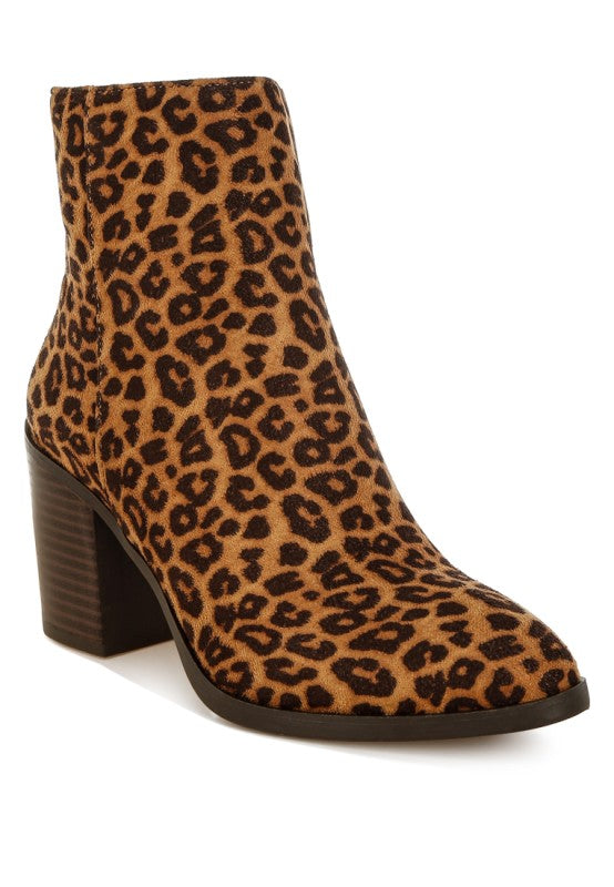 Rag Company Lunara Leopard Print ankle boot with block heel and pointed toe in brown and black