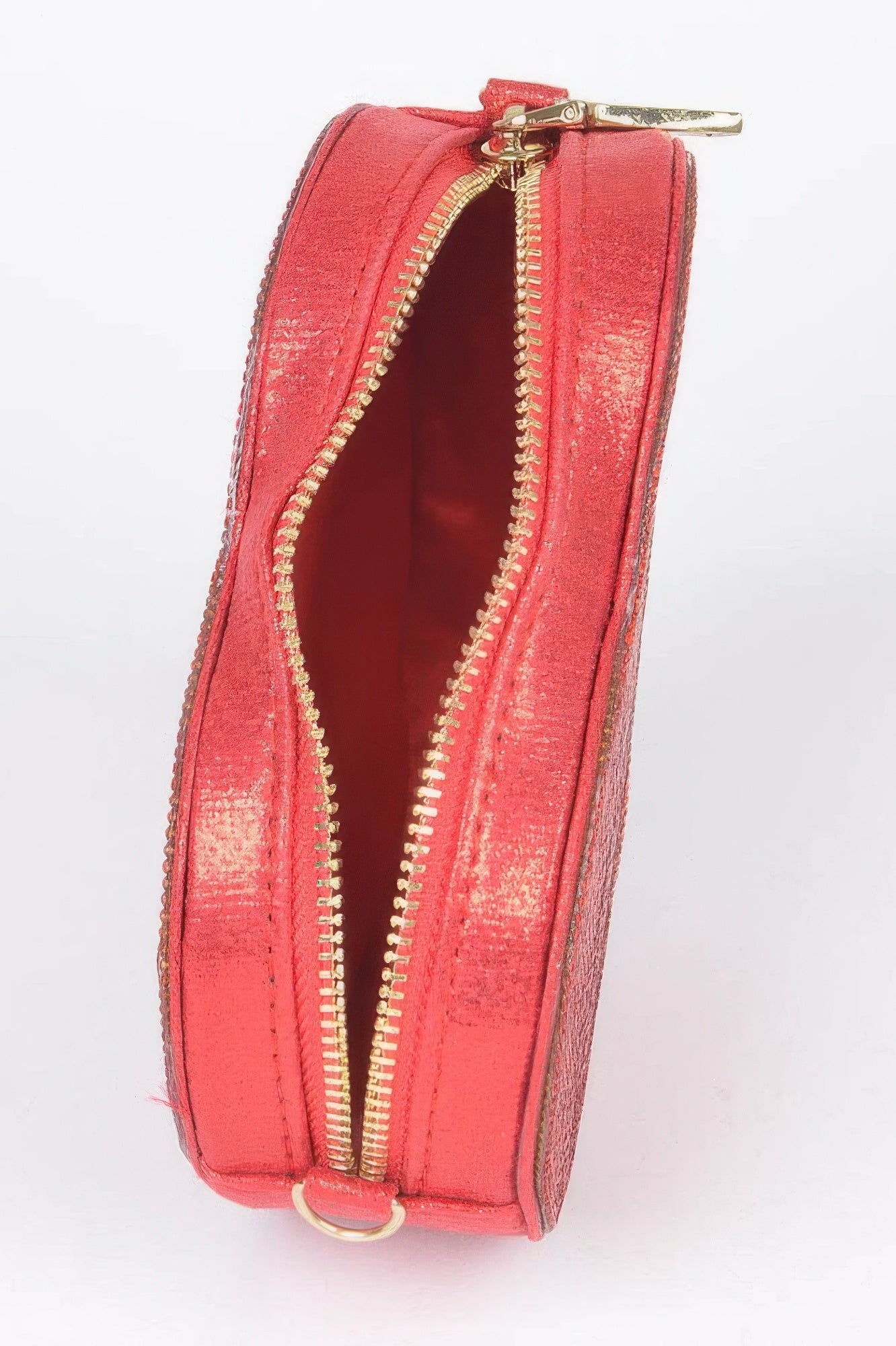 CCWHOLESALECLOTHING red metallic Heart Shape Clutch with gold zipper open showing interior and wrist ring