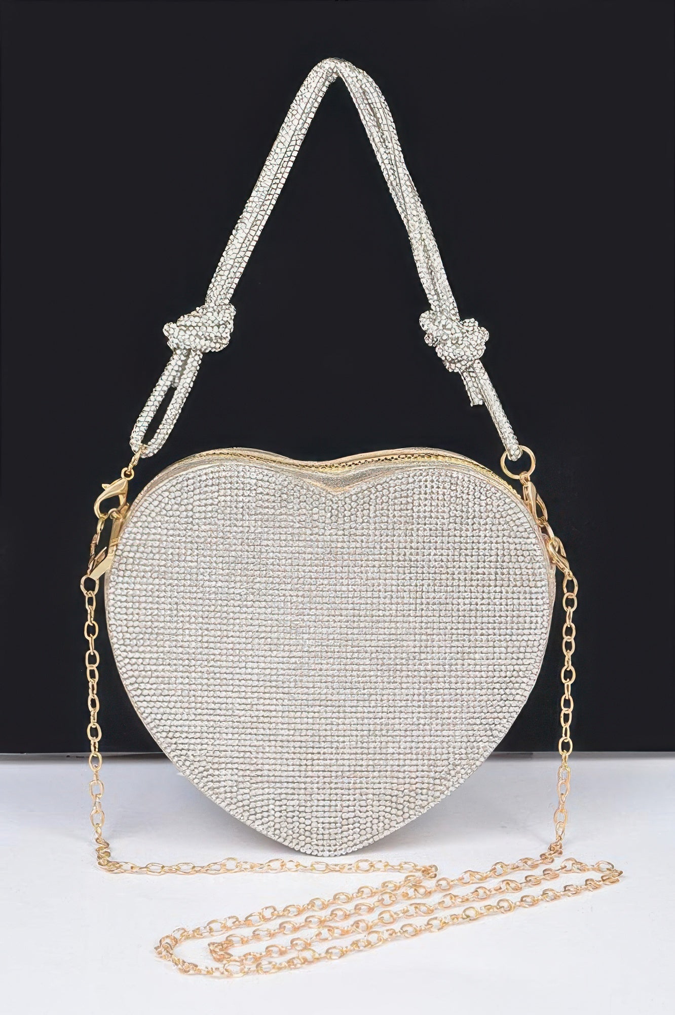 CCWHOLESALECLOTHING Heart Shape Clutch rhinestone evening bag with gold chain and knotted crystal handle