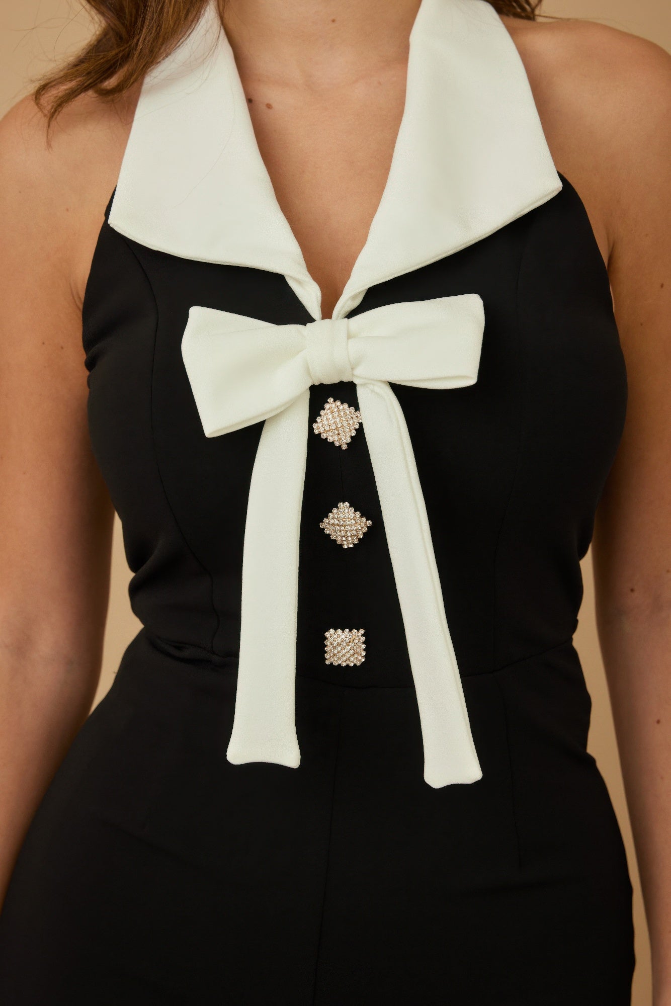 CCWHOLESALECLOTHING black halter fashion jumpsuit with bow white collar and rhinestone buttons
