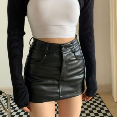 Trendsi black Leather Mini Skirt high waisted faux leather with front pockets paired with white crop top