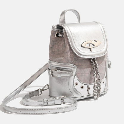 Trendsi Metallic Mini Backpack silver textured faux leather with chain detail and adjustable strap