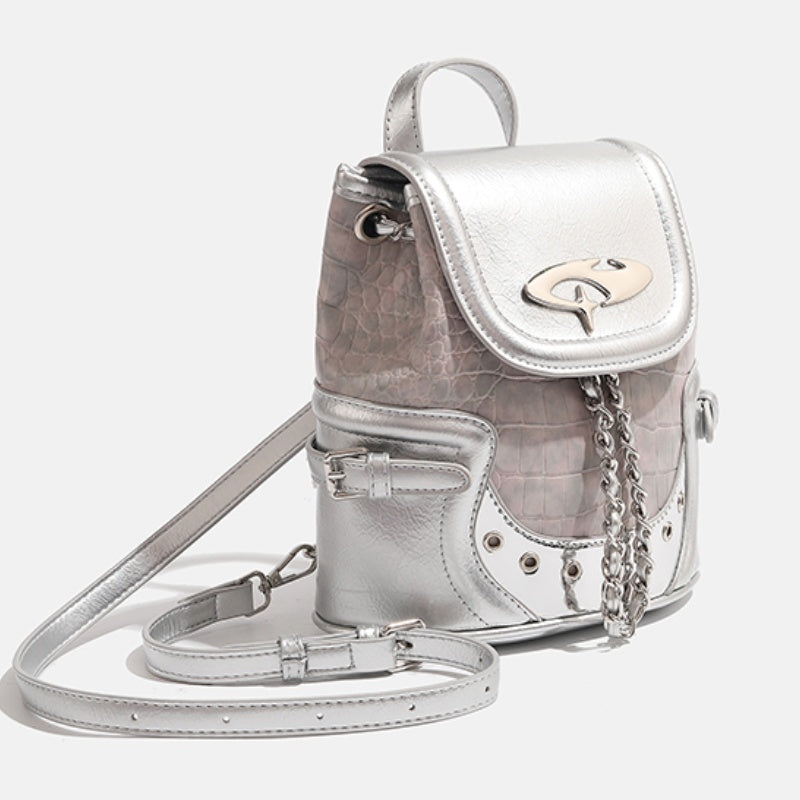 Trendsi Metallic Mini Backpack silver textured faux leather with chain detail and adjustable strap