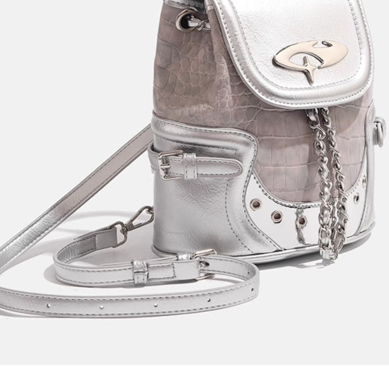 Trendsi Metallic Mini Backpack in silver with crocodile embossed panels chain detail and adjustable crossbody strap