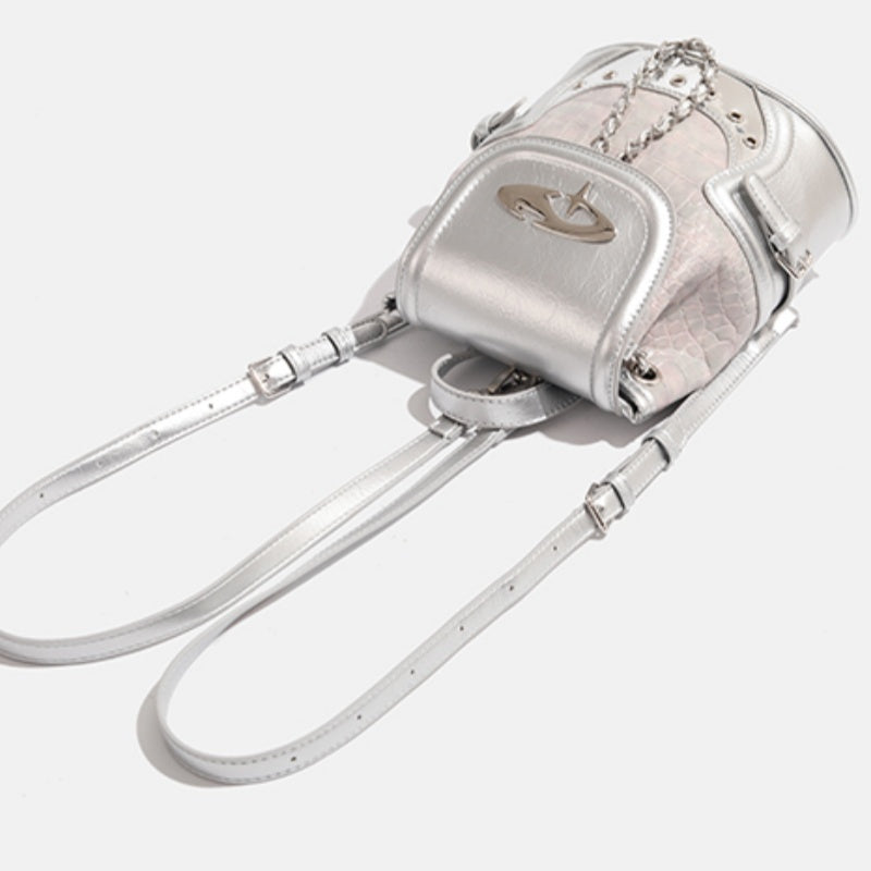 Trendsi Metallic Mini Backpack in silver with chain detail adjustable straps and front zip pocket