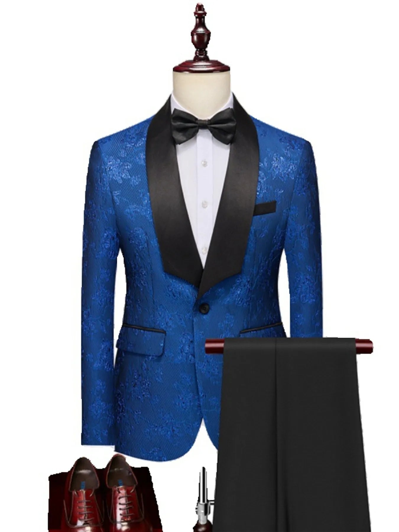 Trendsi blue blazer and pants set with black lapel, white shirt, black bow tie, and brown dress shoes