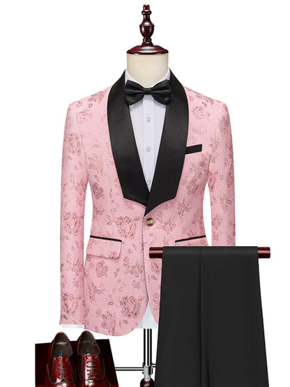 Trendsi pink floral blazer and pants set with black lapel, white shirt, black bow tie, and matching black pants