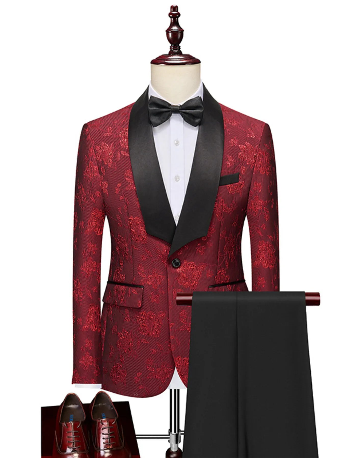 Trendsi red floral blazer and pants set with black lapel, white shirt, black bow tie, and matching shoes