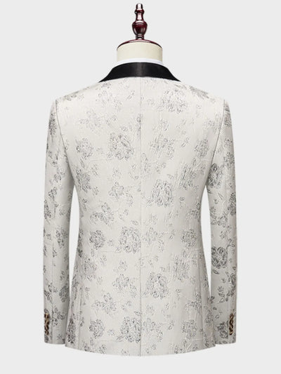 Trendsi white floral blazer and pants set with black collar detail on mannequin back view