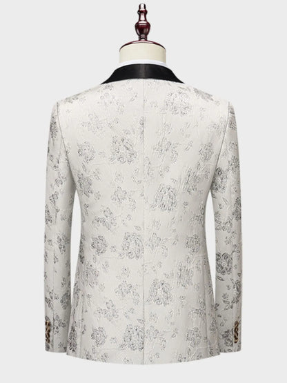 Trendsi white floral blazer and pants set with black collar detail on mannequin back view