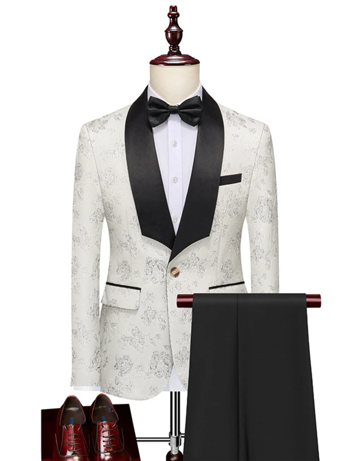 Trendsi elegant white blazer and pants set with black satin lapels, bow tie, and matching black pants