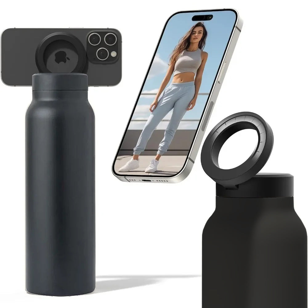Fashions Envy matte black water bottle with Magnetic Phone Holder ring lid for hands free phone viewing