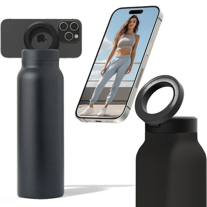 Fashions Envy matte black water bottle with Magnetic Phone Holder ring lid for hands free phone viewing