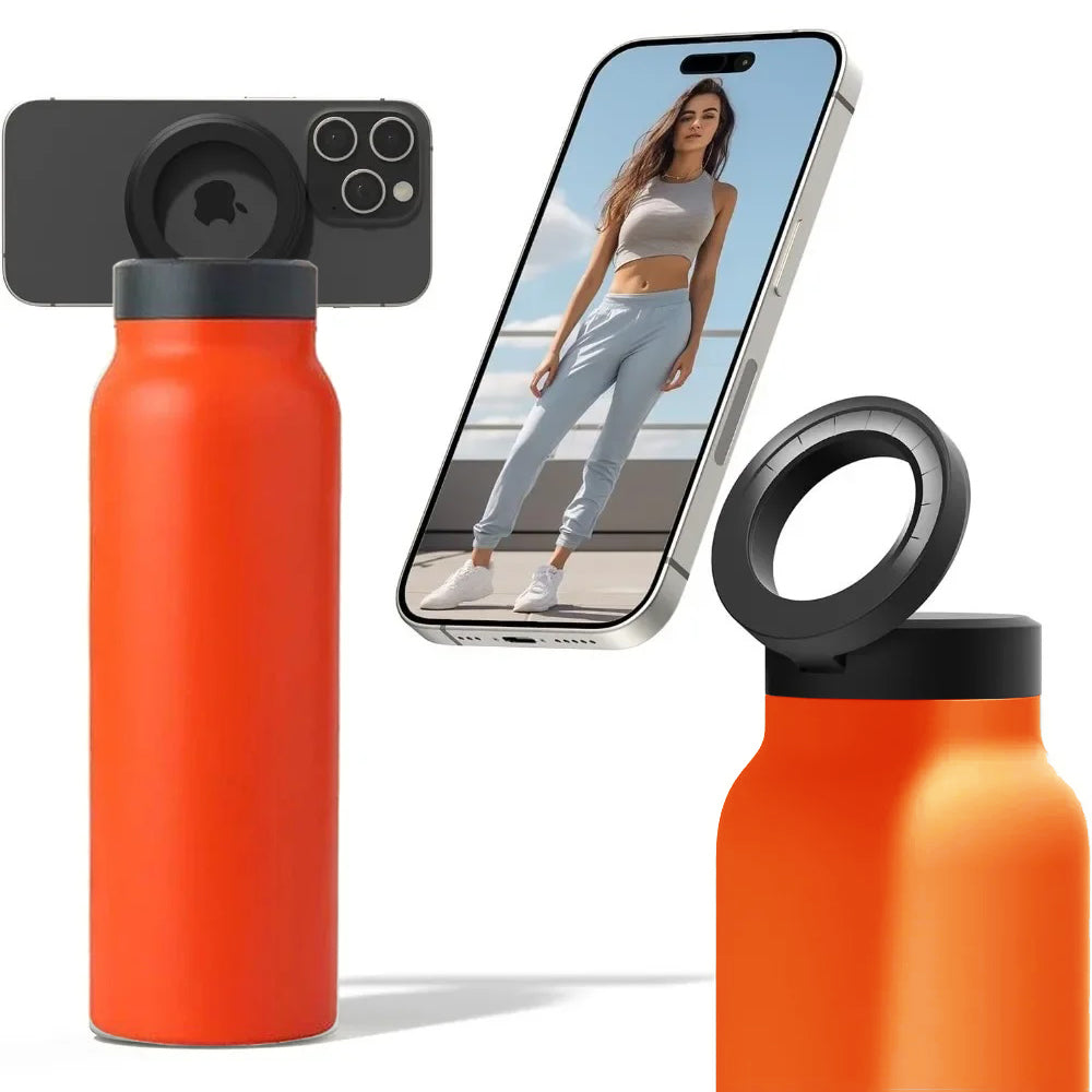 Fashions Envy orange water bottle with black Magnetic Phone Holder ring cap mounting phone for hands free viewing