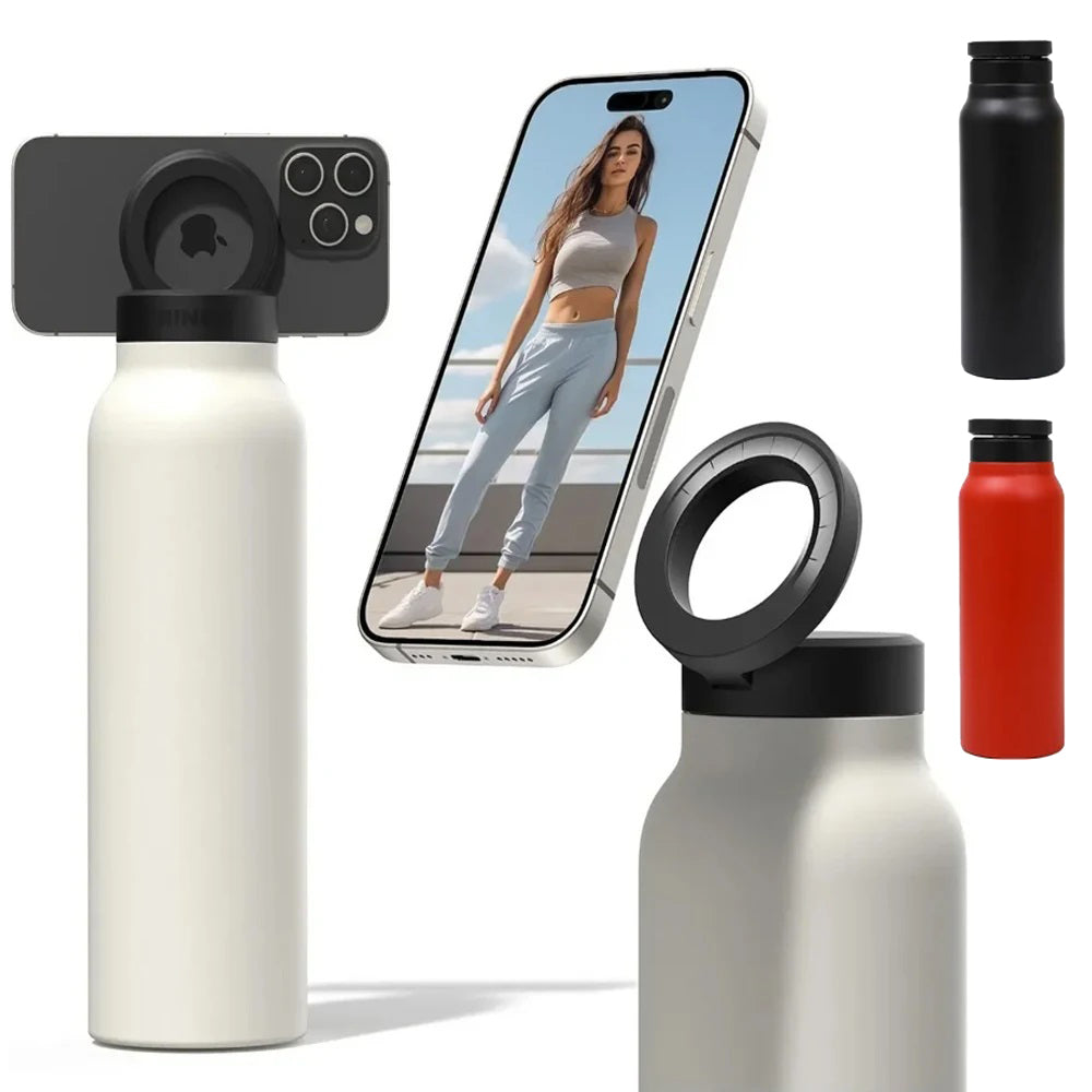 Fashions Envy stainless steel water bottle with detachable Magnetic Phone Holder ring lid for hands free viewing
