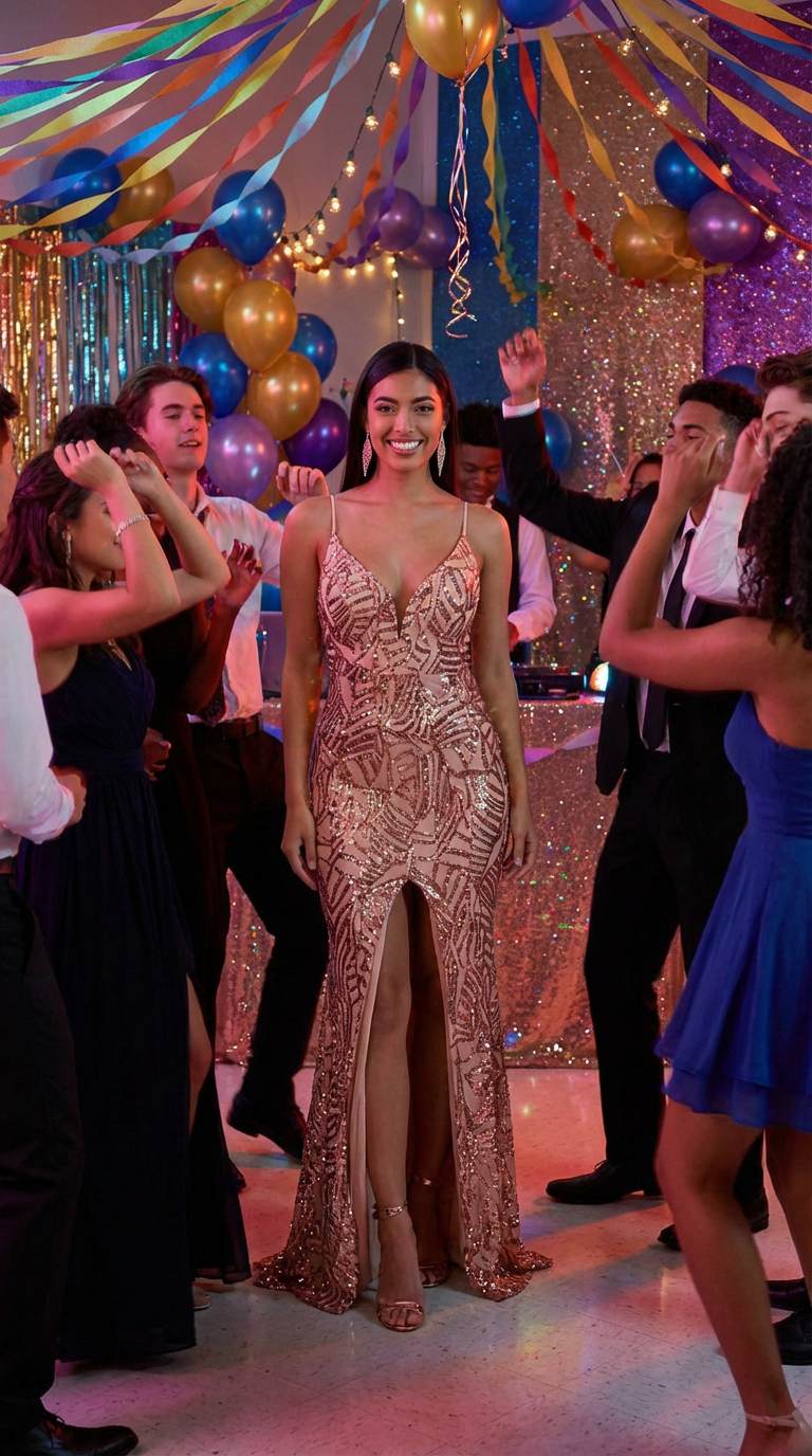 Spaghetti Strap Sequin Prom Gown - Deep V Maxi Slit Dress