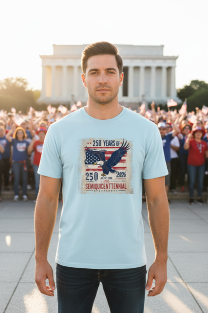 Male model in 250 Year Semiquincentennial t-shirt at National Mall
