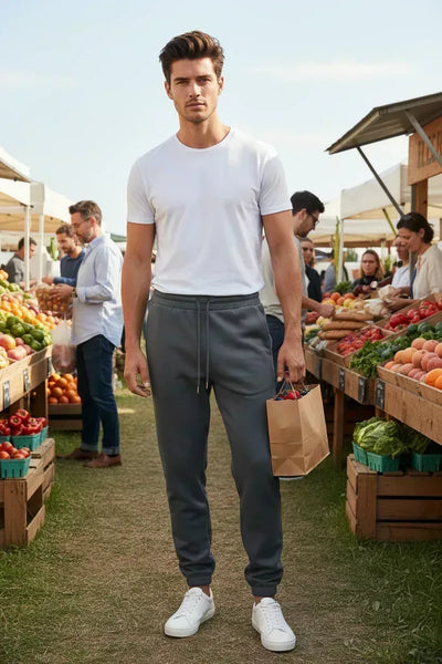 Male model in sweatpants at farmers market