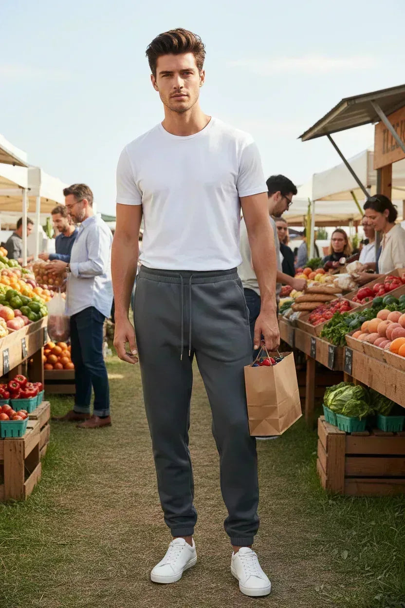 Male model in sweatpants at farmers market