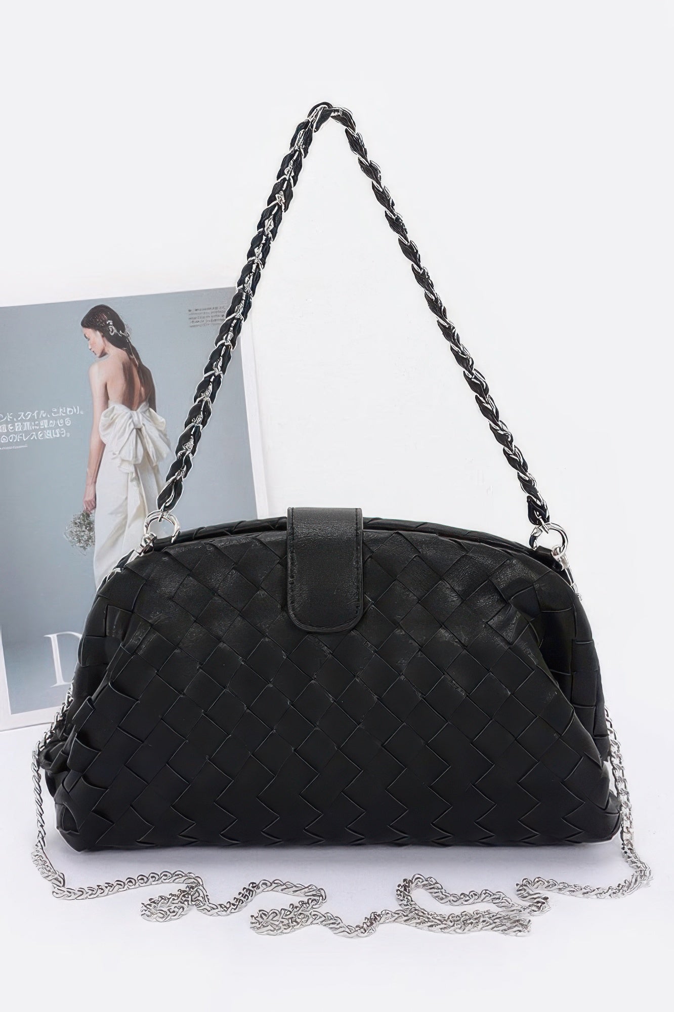 CCWHOLESALECLOTHING black faux leather braided shoulder bag with woven texture chain strap and silver hardware