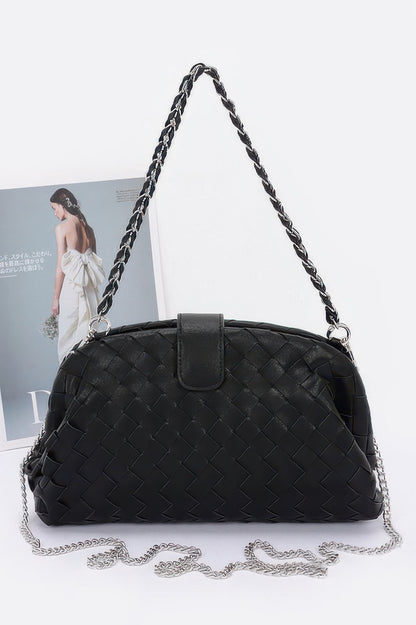 CCWHOLESALECLOTHING black faux leather braided shoulder bag with woven texture chain strap and silver hardware