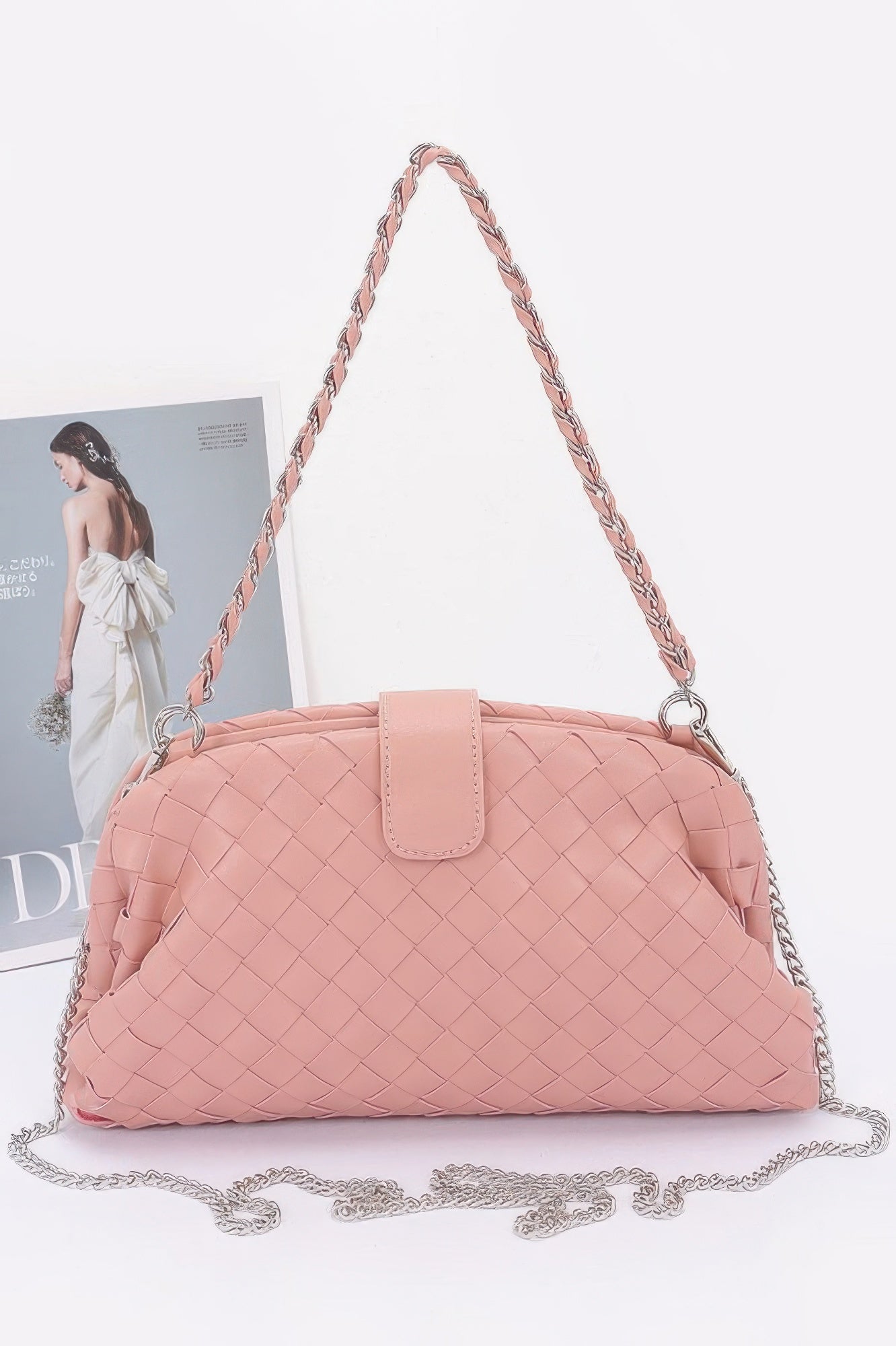 Blush pink faux leather braided shoulder bag with woven texture silver chain strap and flap closure