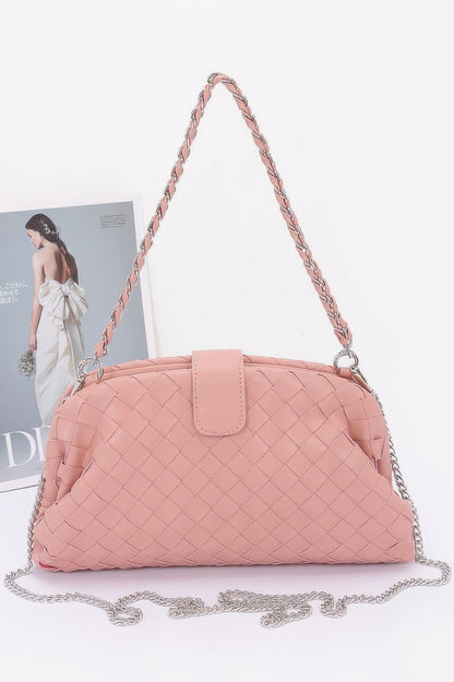 Blush pink faux leather braided shoulder bag with woven texture silver chain strap and flap closure