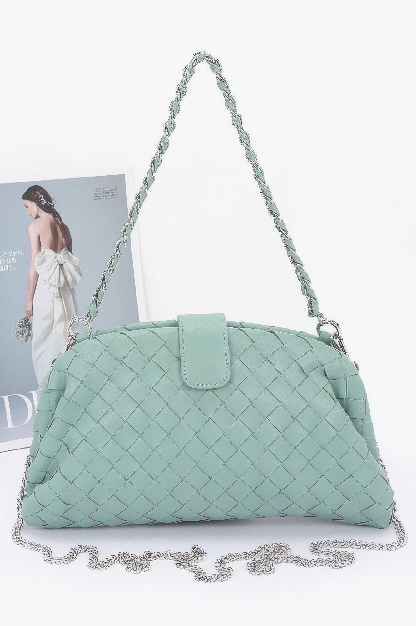 Mint green woven clutch with braided shoulder strap and silver chain detailing faux leather braided shoulder bag
