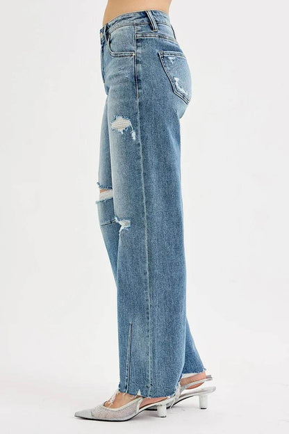 RISEN Full Size Mid Rise Fit Wide Baggy Leg Tie Washed Jeans - Fashions Envy