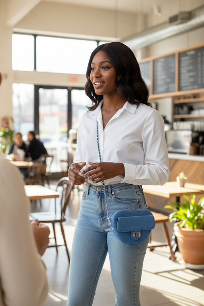 Medium blue heart shape denim crossbody bag lifestyle image