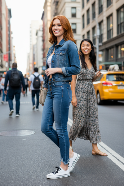 Medium wash ankle skinny jeans showing frayed ankles - three-quarter view