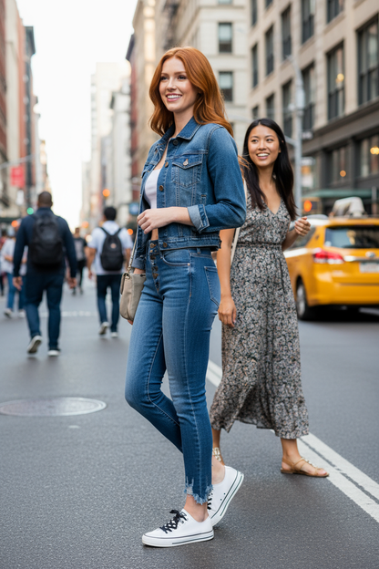 Medium wash ankle skinny jeans showing frayed ankles - three-quarter view