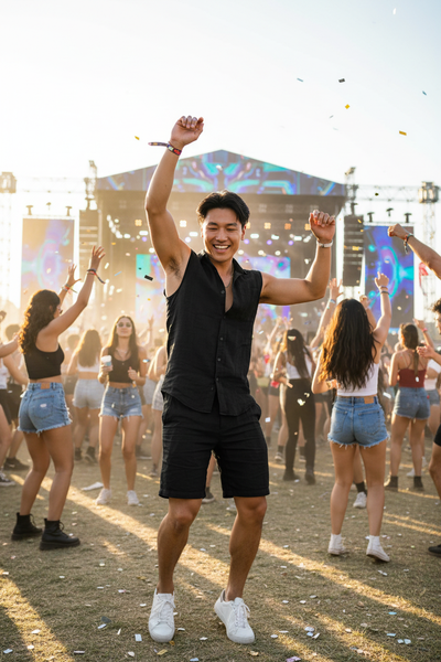 Men's Casual Vest & Shorts Set - Black - Music Festival Scene