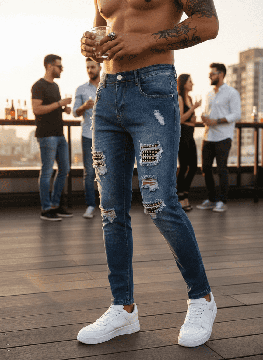 Men's Distressed Jeans - Studded Slim Fit Stretch Denim - Fashions Envy