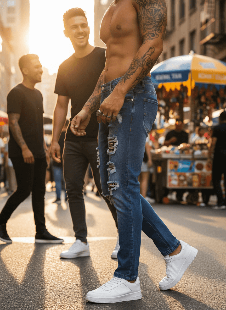 Men's Distressed Jeans - Studded Slim Fit Stretch Denim - Fashions Envy