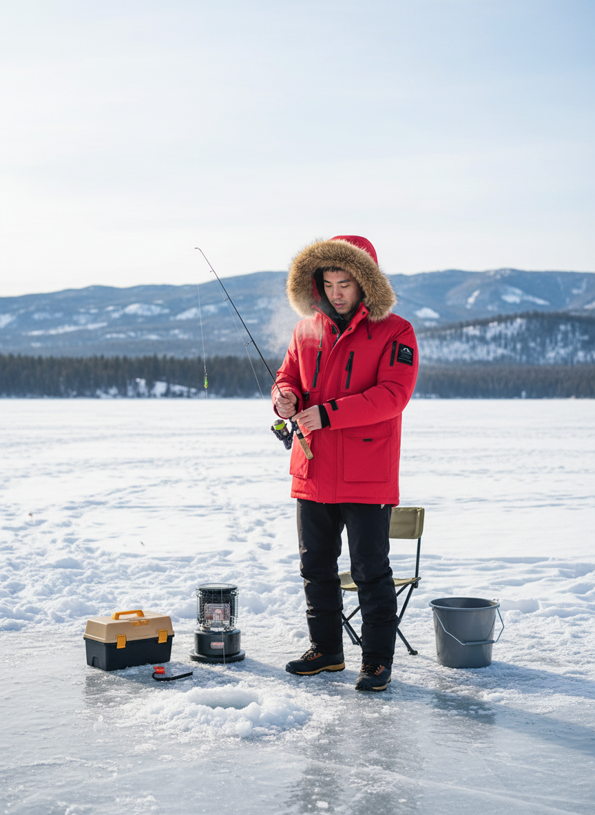 Men's fur hooded parka at frozen lake ice fishing