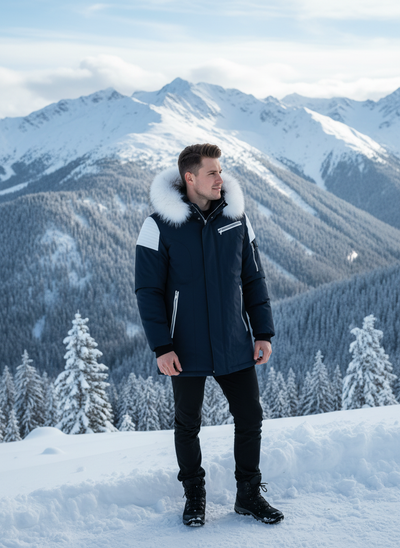 Men's fur hooded parka at snowy mountain overlook