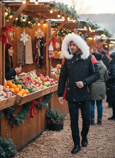 Men's fur hooded parka at winter farmers market