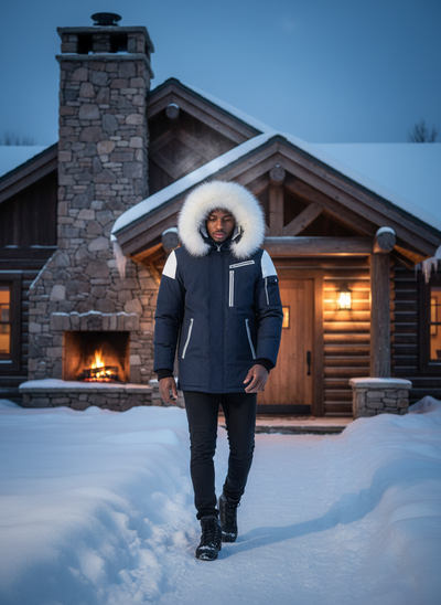Men's fur hooded parka at winter lodge entrance