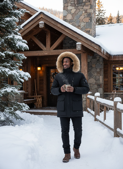 Men's fur hooded parka at winter lodge entrance